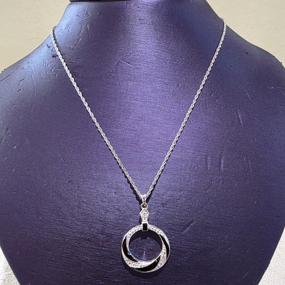 SBH Shofel Bros Mfg Co Silver Black Enamel Swirl Crystal Circle Pendant Necklace